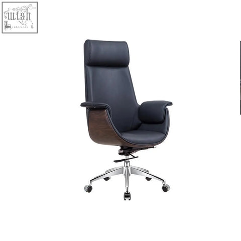 Grey black e43 office chair high back with black leather, wooden accent, and chrome base for executive use