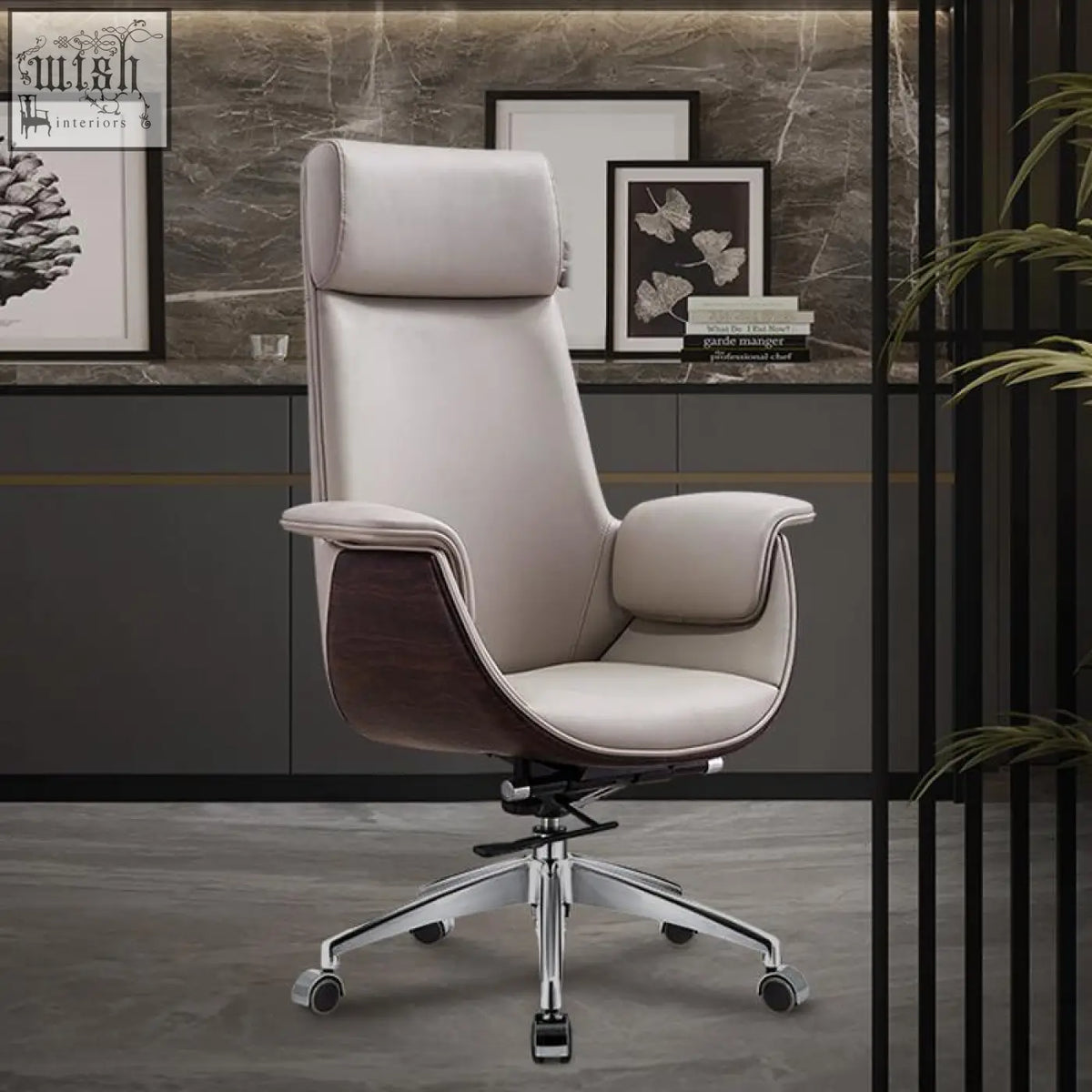 Beige leather e43 office chair with dark wood accents and chrome base in grey black for stylish workspace seating