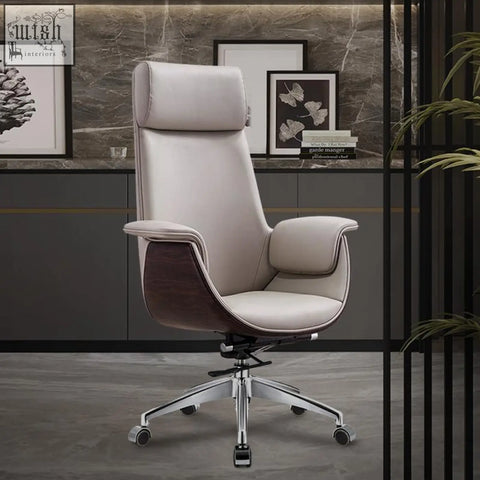 Beige leather e43 office chair with dark wood accents and chrome base in grey black for stylish workspace seating