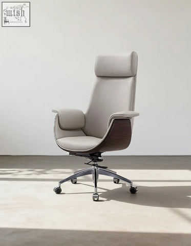 A sleek e43 office chair with high back grey black leather upholstery and dark wood accents for modern office use