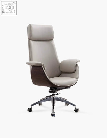 A sleek e43 office chair with high back grey black leather upholstery and dark wood accents for modern workspaces