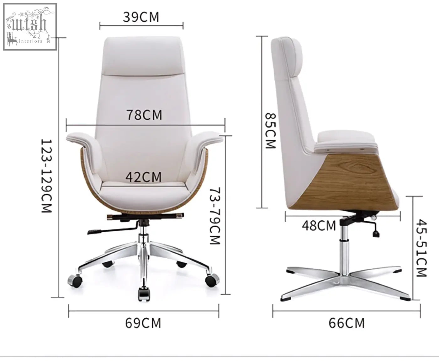 White leather e43 office chair with wooden side panels chrome base in grey black for comfortable office use