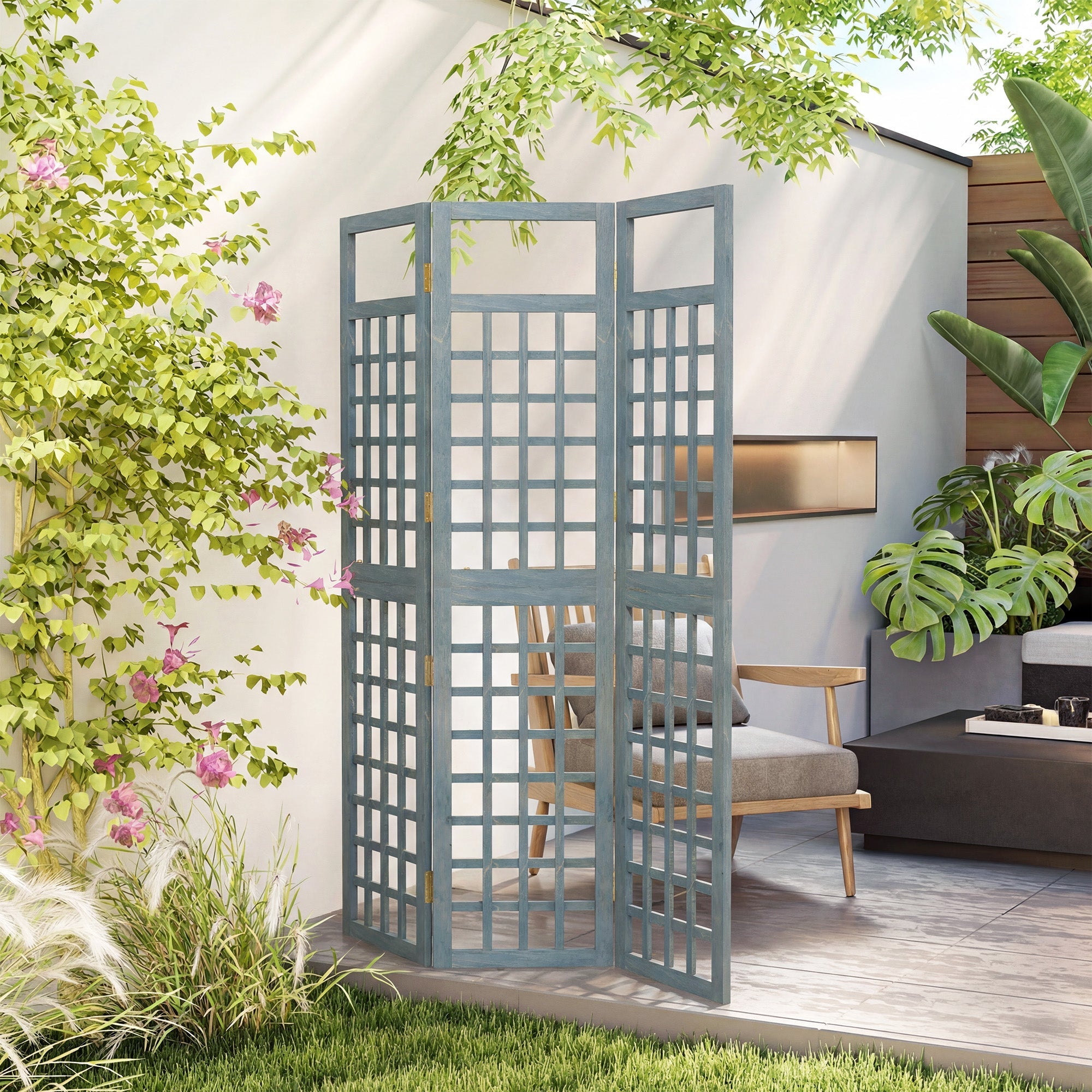 Outsunny 3-Panel Garden Privacy Screen, Freestanding Foldable Wooden Outdoor Divider/Trellis, Decorative Privacy Screen, Grey