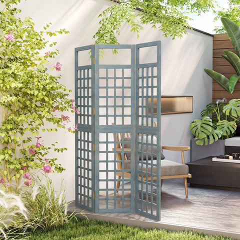 Outsunny 3-Panel Garden Privacy Screen, Freestanding Foldable Wooden Outdoor Divider/Trellis, Decorative Privacy Screen, Grey