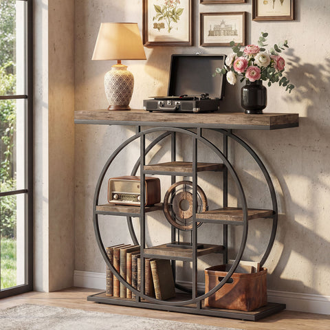 HOMCOM Industrial Console Table with Storage Shelves - Rustic Brown