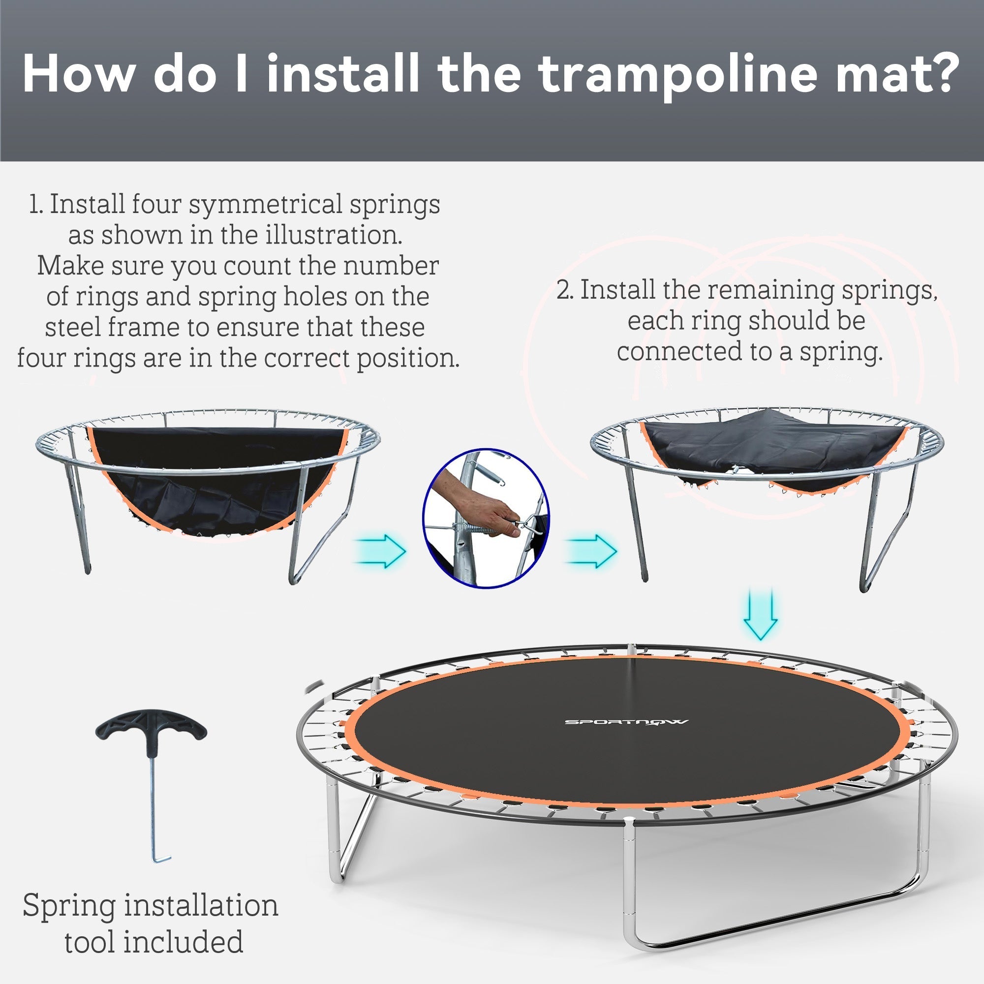 SPORTNOW Trampoline Replacement Mat with Spring Pull Tool, 42 V-Hooks, for 8ft Trampoline using 14cm Springs, Orange