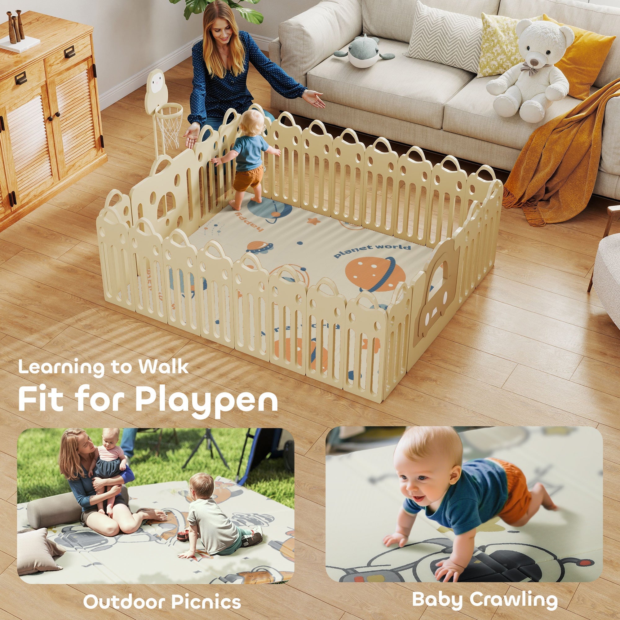 AIYAPLAY Space-Themed Baby Plat Mat Double Sided, Foldable, Water-Resistant for Outdoor/Indoor, 177 x 146 x 1.5cm