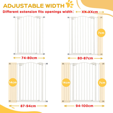 PawHut Pressure Fit Dog Stair Gate No Drilling Safety Gate Auto Close for Doorways, Hallways, 74-100cm Adjustable, 94cm Tall, White