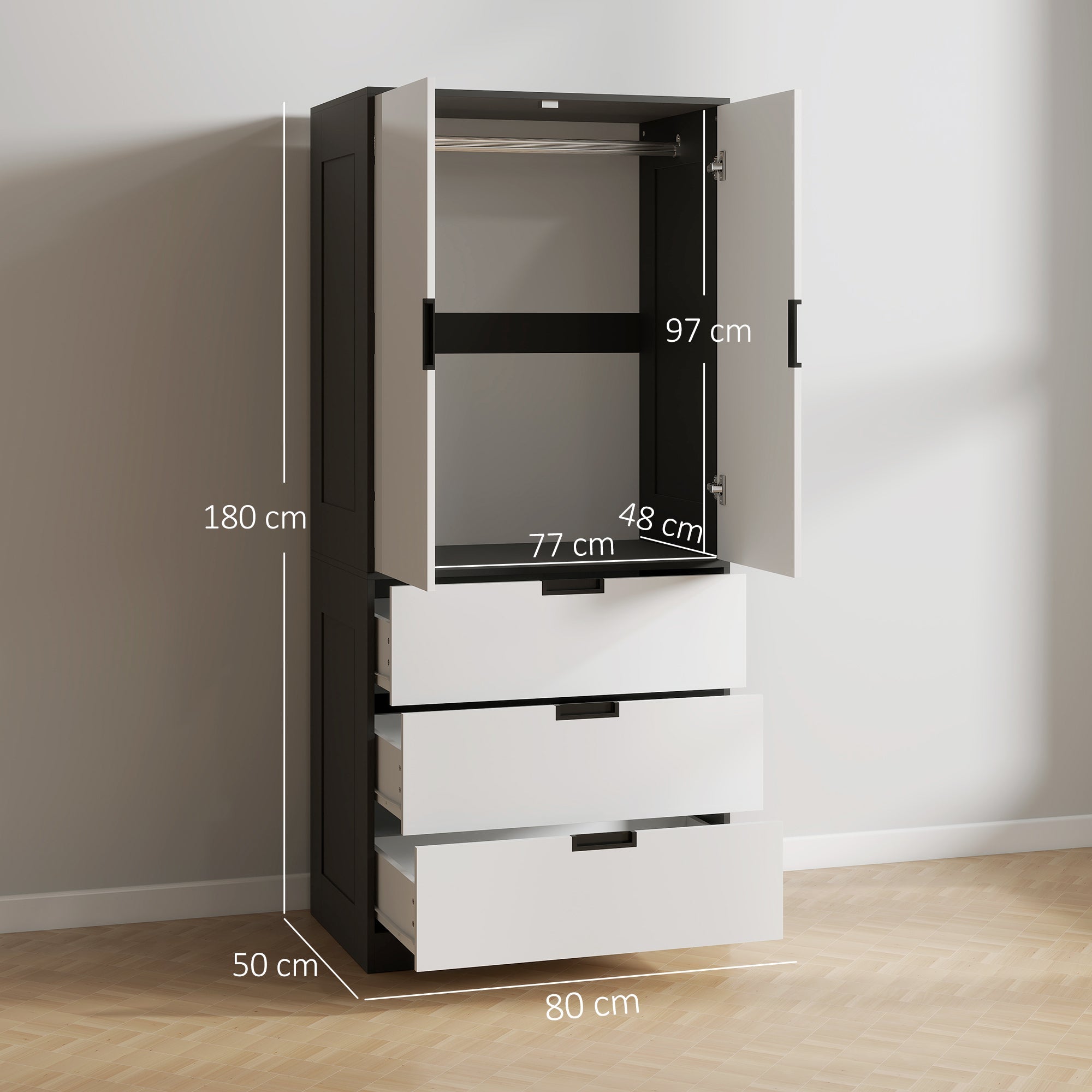 HOMCOM 2 Door Wardrobe, Modern Wardrobe with 3 Drawers and Hanging Rod for Bedroom, High Gloss White