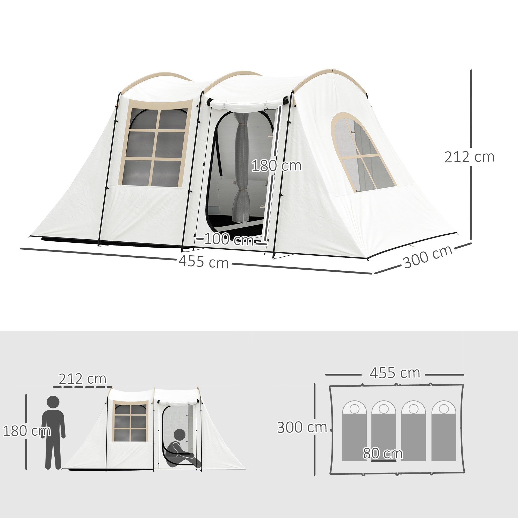 Outsunny 3-4 Man Tunnel Tent, Family Camping Tent with Porch, Bedroom and Living Area, Sewn in Groundsheet, 3000mm Waterproof, Portable with Bag for Hiking, Festival, Backpacking, Khaki