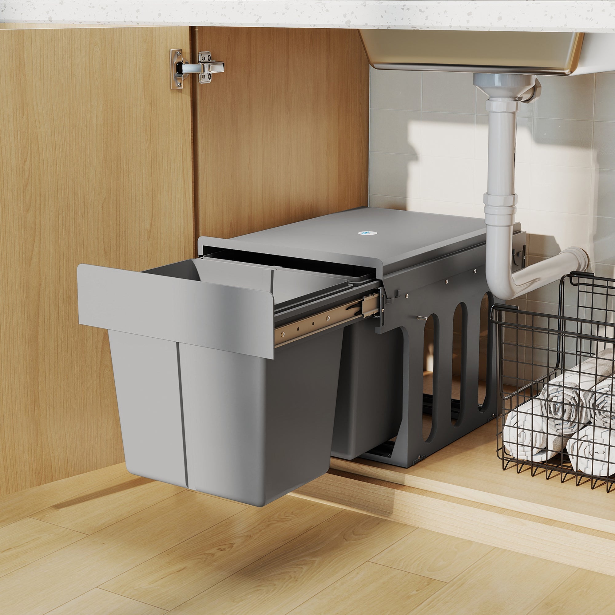 HOMCOM Pull Out Bin, Under Sink Bin - 2 Removable Compartments (15L Each) for 400mm Cabinets, Light Grey