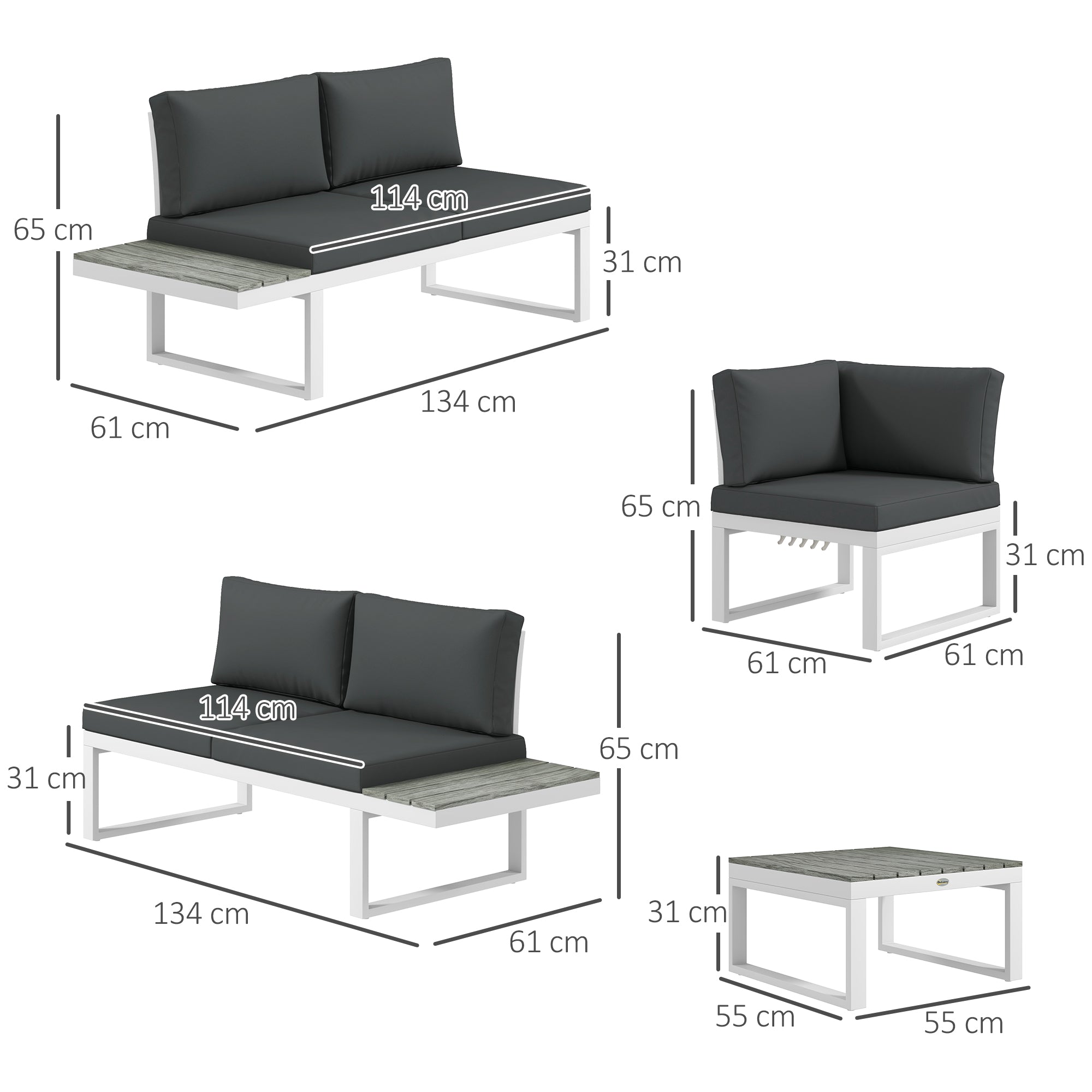 Outsunny 4 Pieces Patio Garden Set with 5-Level Recline Corner Sofa, Outdoor Garden Lounge Sectional Conversation Sofa Set with Cushions, Wood Grain Plastic Table, White  Frame Grey Cushion
