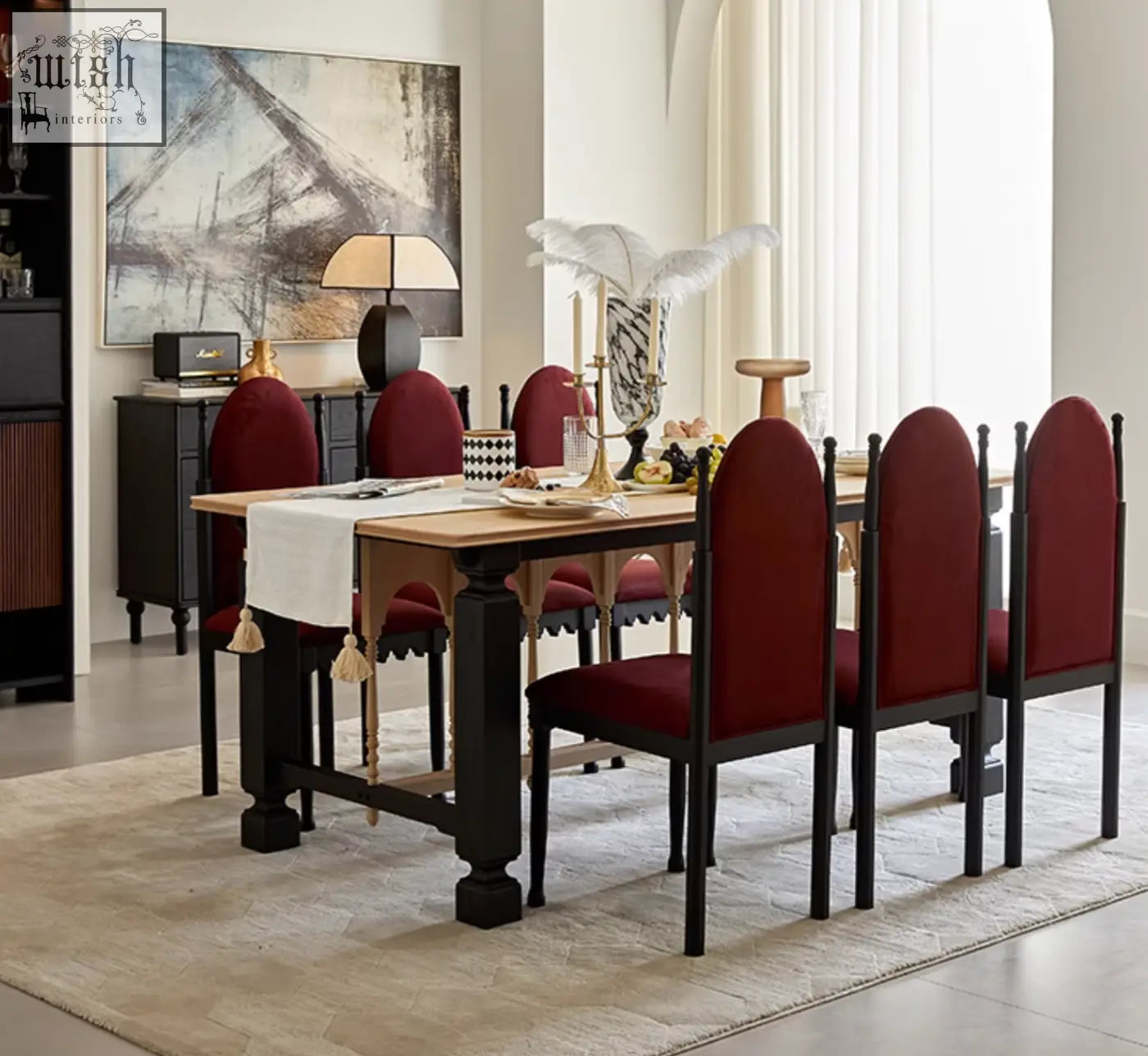 Set of six ealing high-back dining chairs in burgundy upholstery with black wooden frames and decorative tassels