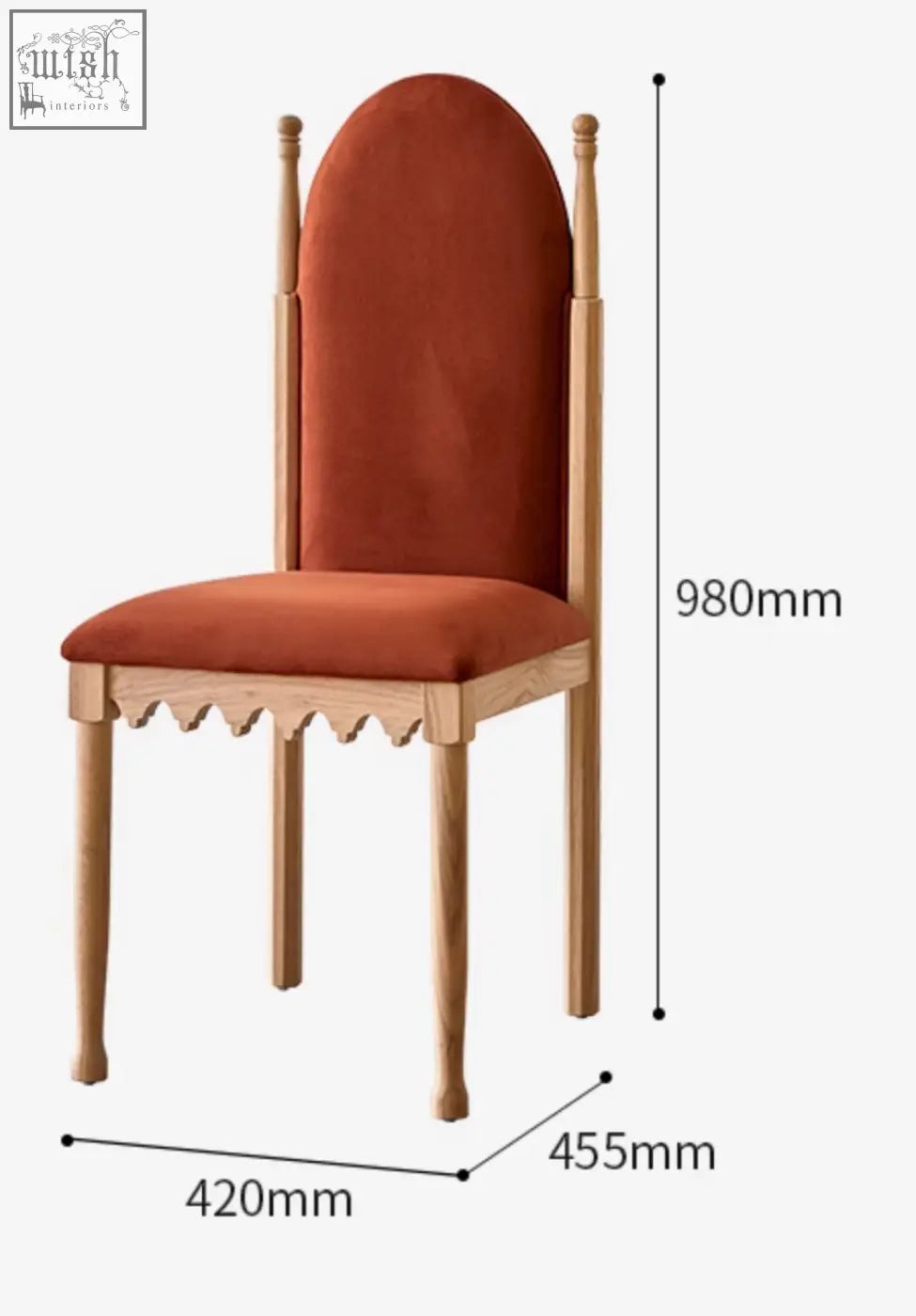 Ealing high-back dining chair with terracotta velvet upholstery and carved wooden legs perfect for elegant dining rooms