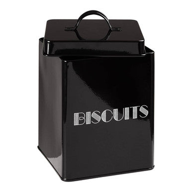 Black enamel biscuit can with silver lettering and handle from easton 5 piece black kitchen storage set