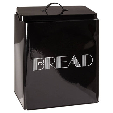 Black metallic bread bin with glossy finish and silver bread lettering from the easton 5 piece black kitchen storage set