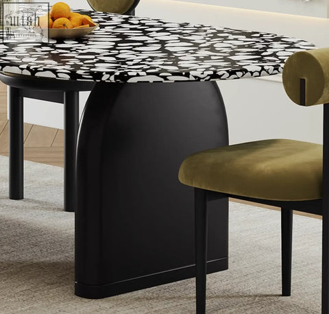 Black dining table eaton dining table with bold black and white abstract stone patterned terrazzo top and curved legs
