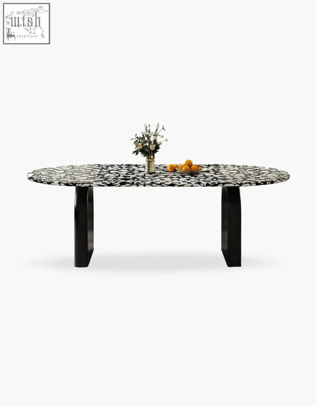 Eaton black dining oval table with black and white terrazzo stone top and sleek glossy black legs