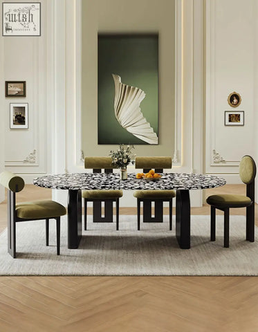 Eaton black dining table with elegant black and white marble top and sleek black legs for stylish dining spaces