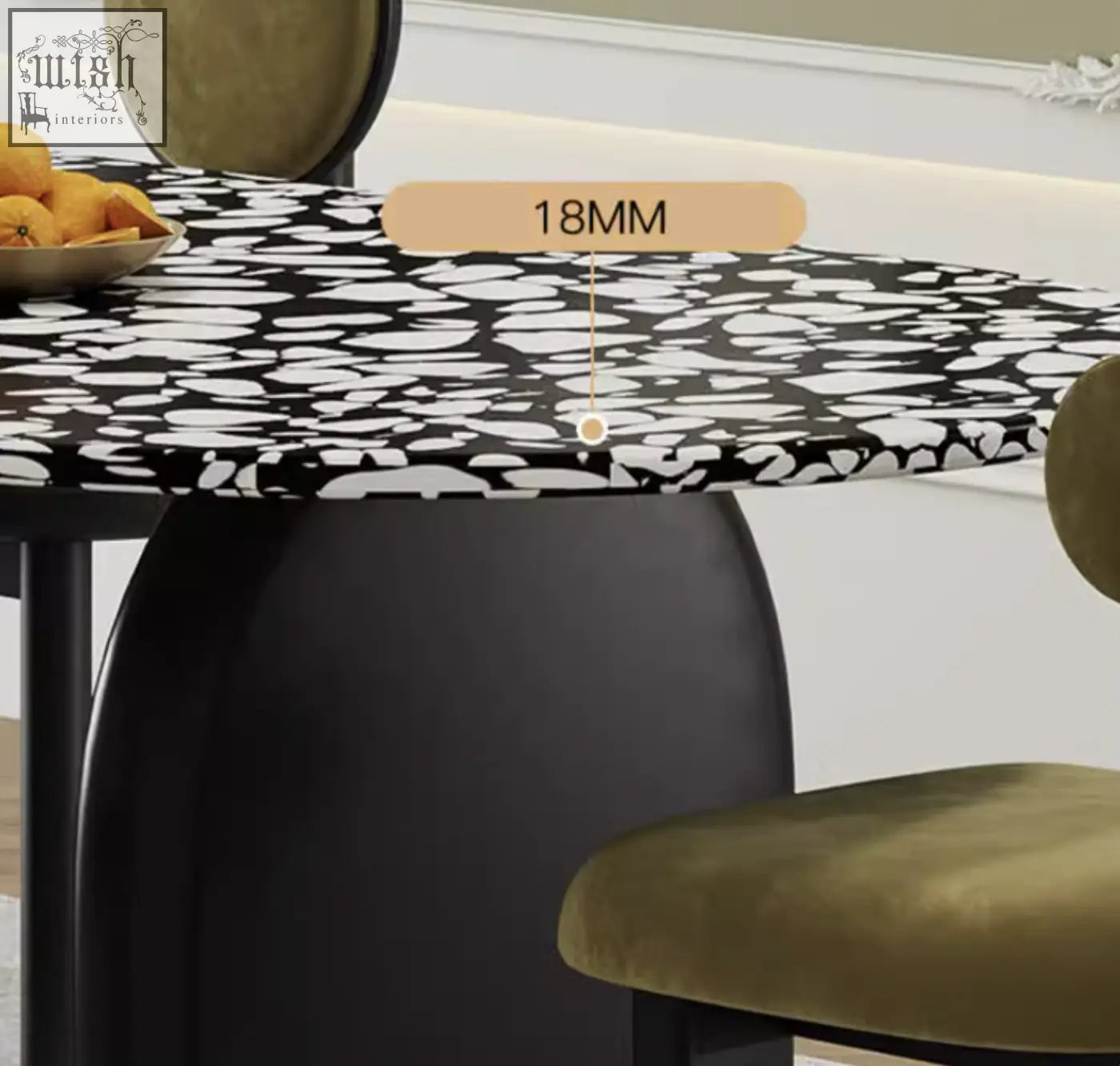 Black and white abstract patterned tabletop of eaton dining table in black terrazzo with 18mm thickness measurement