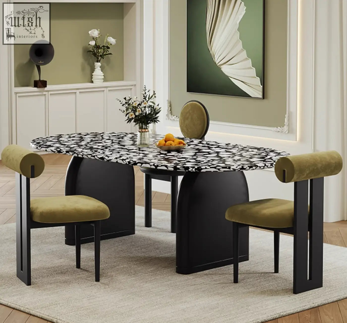Eaton dining table with black and white marble patterned top and sleek curved black legs perfect as a dining table