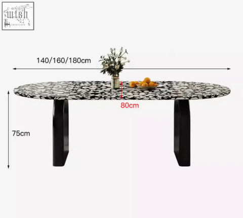 Black and white mosaic stone oval eaton dining table with sleek modern legs black terrazzo black dining table