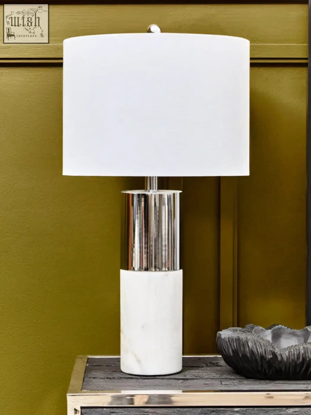Eben marble base table lamp with white marble cylindrical base, silver band, and clean ivory shade for any room