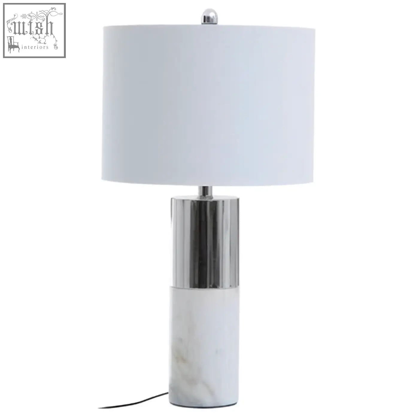 Eben marble base table lamp with ivory shade white cylindrical lamp with silver metallic band and marble base