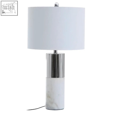 Eben marble base table lamp with ivory shade white cylindrical lamp with silver metallic band and marble base