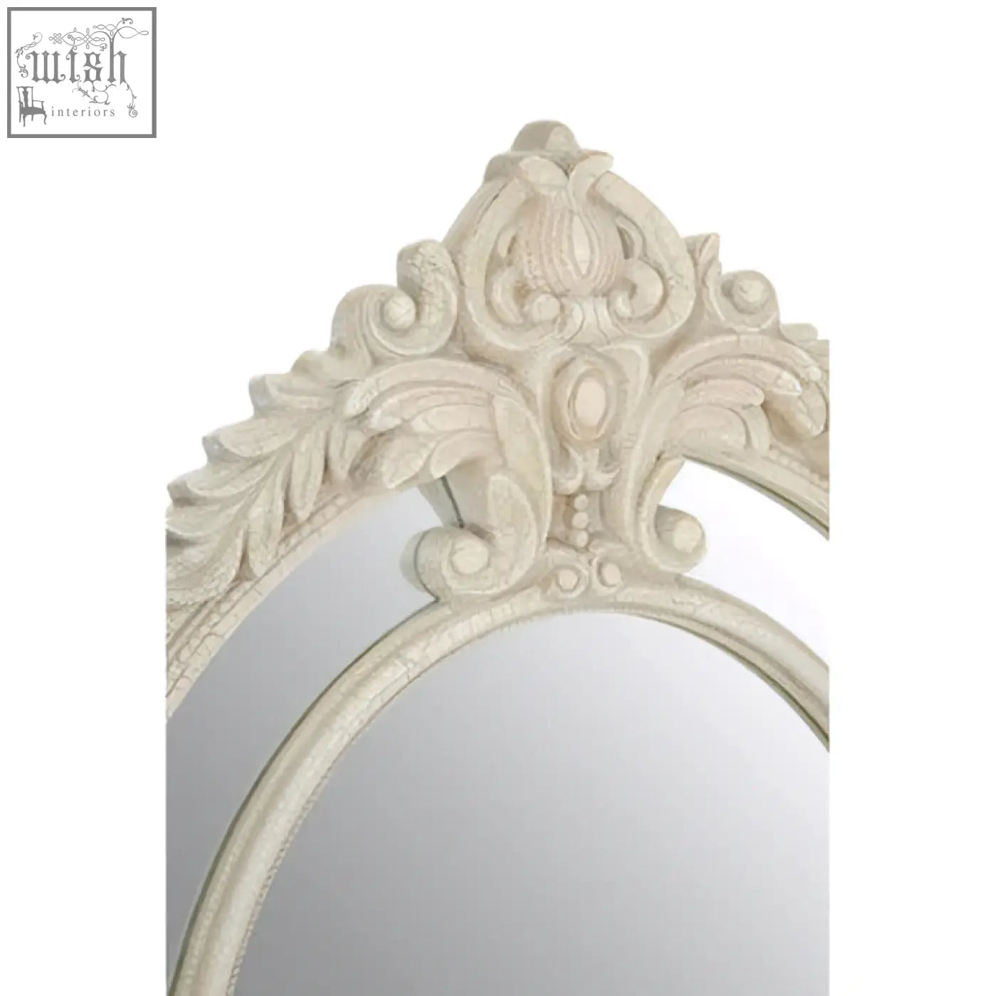 Eclipse antique white ornate wall mirror with intricate carved details and curved frame in antique white finish