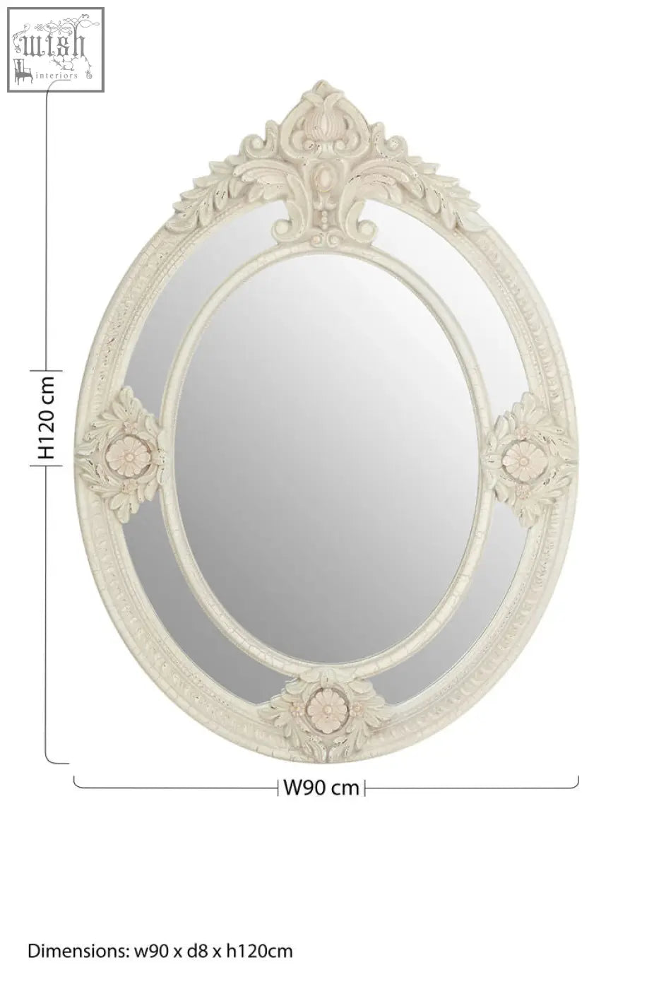 Eclipse antique white ornate oval wall mirror with cream carved wooden frame featuring floral and scrollwork details