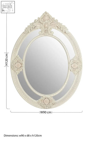 Eclipse antique white ornate oval wall mirror with cream carved wooden frame featuring floral and scrollwork details