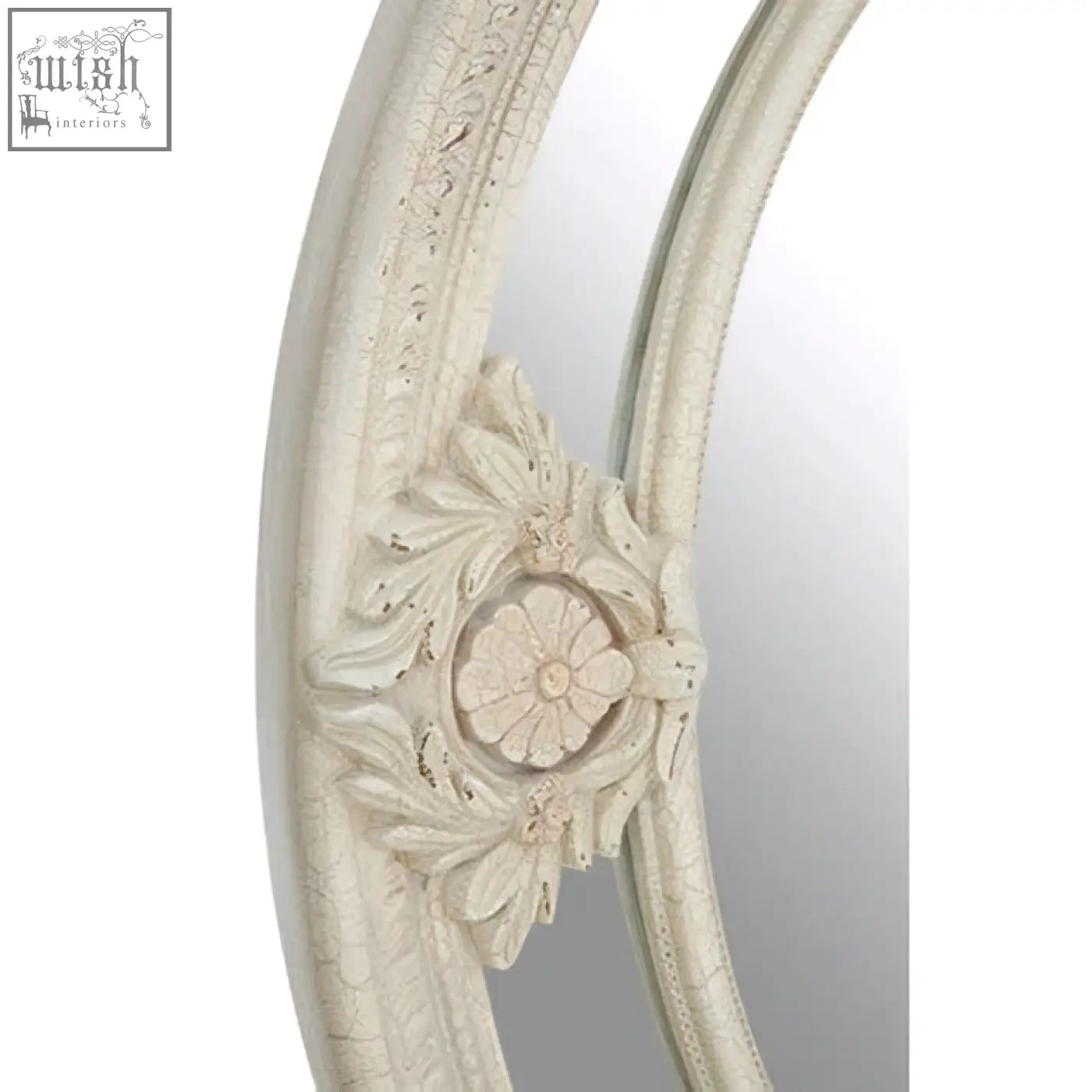 Eclipse antique white ornate oval wall mirror with intricate floral carvings and distressed finish