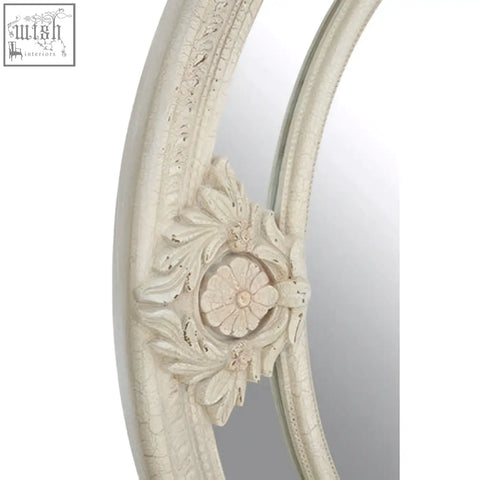 Eclipse antique white ornate oval wall mirror with intricate floral carvings and distressed finish