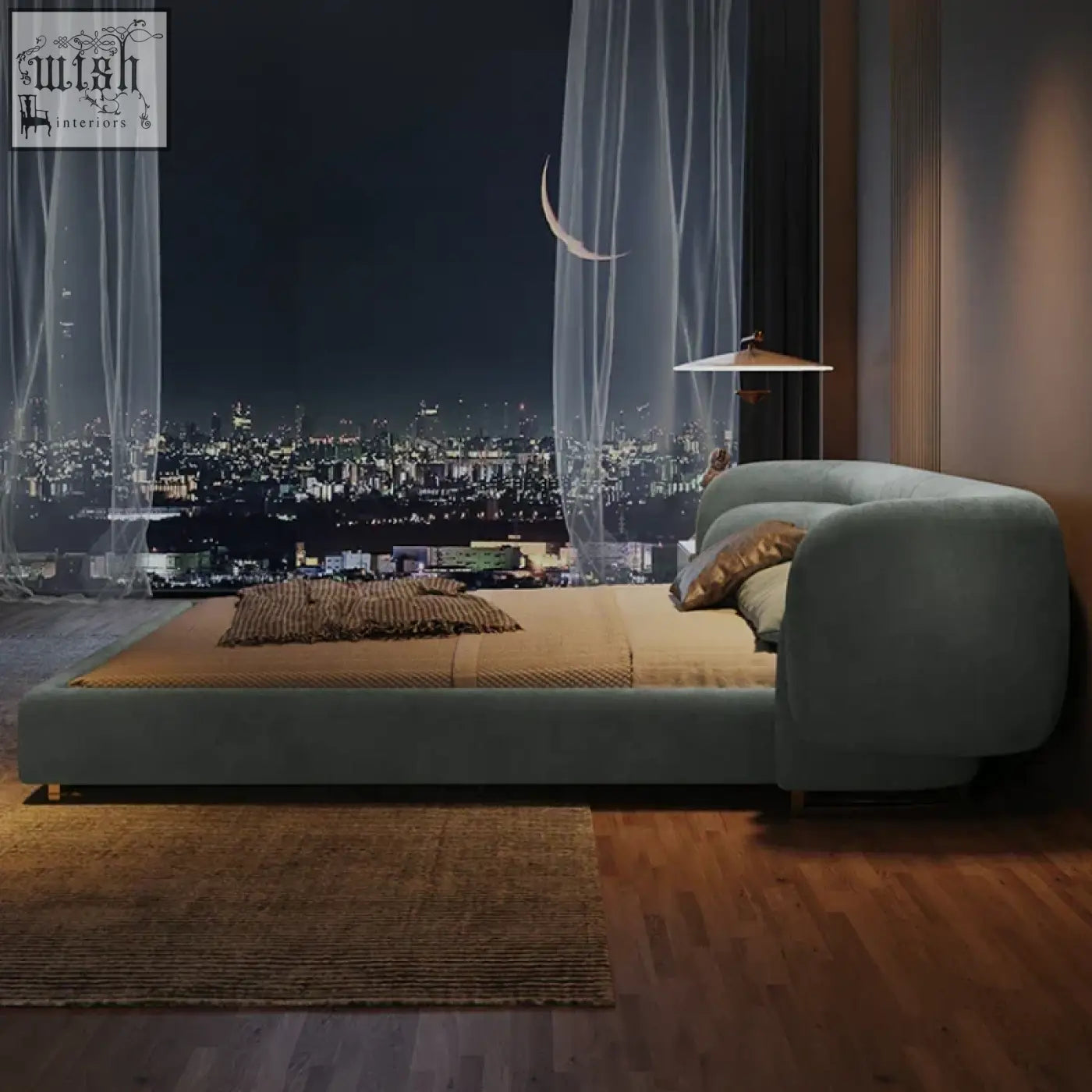 Modern teal eclipse bed with plush upholstery and rounded frame against a night cityscape window
