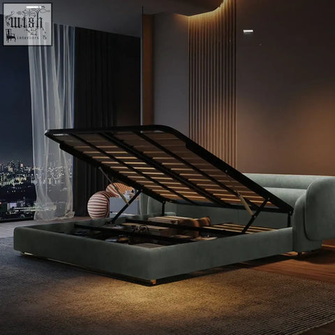 Modern teal eclipse bed with plush upholstery rounded frame black metal slatted base and hidden storage below