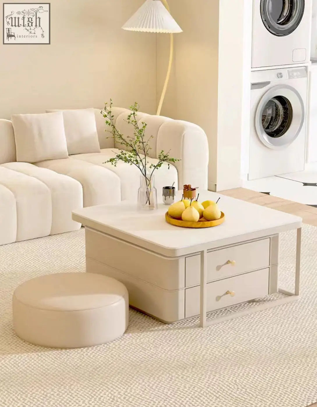 Cream eclipse nesting coffee table with sleek modern design two drawers and minimalist metal legs for stylish living room