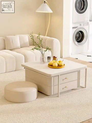 Cream eclipse nesting coffee table with sleek modern design two drawers and minimalist metal legs