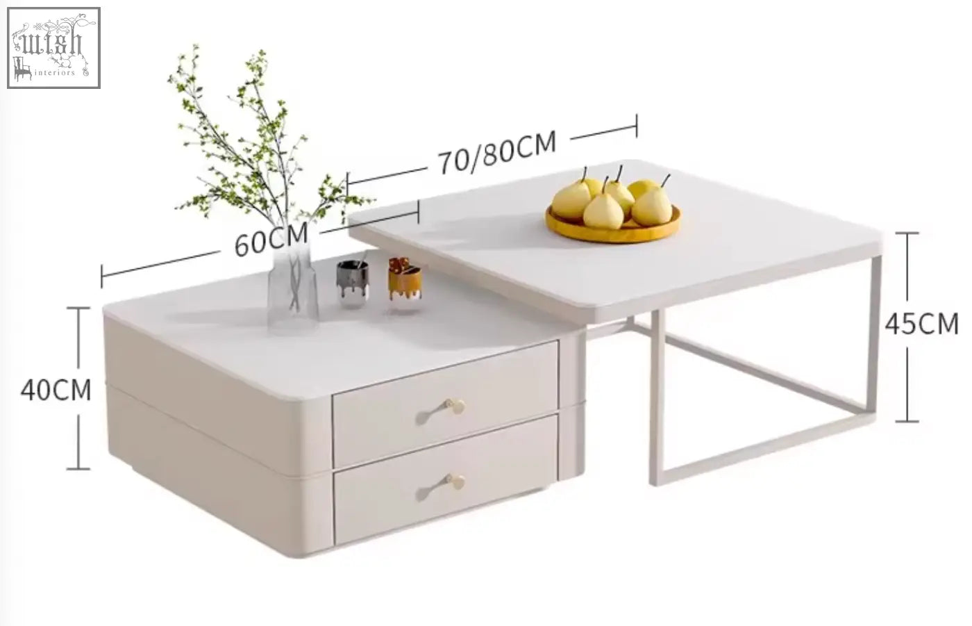 Modern white eclipse nesting coffee table with two drawers and sleek metal frame in cream for stylish living rooms