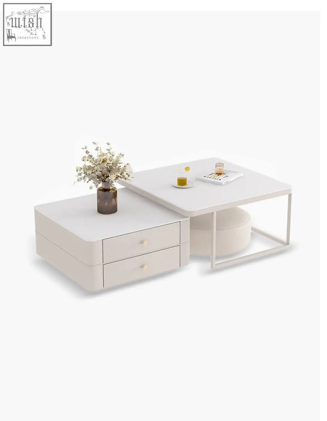 Modern white eclipse nesting coffee table with two drawers and open shelf in cream for stylish living spaces