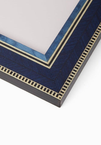Deep blue eco marquetry photo frame with intricate gold and black geometric inlay detail for 7x5 photos