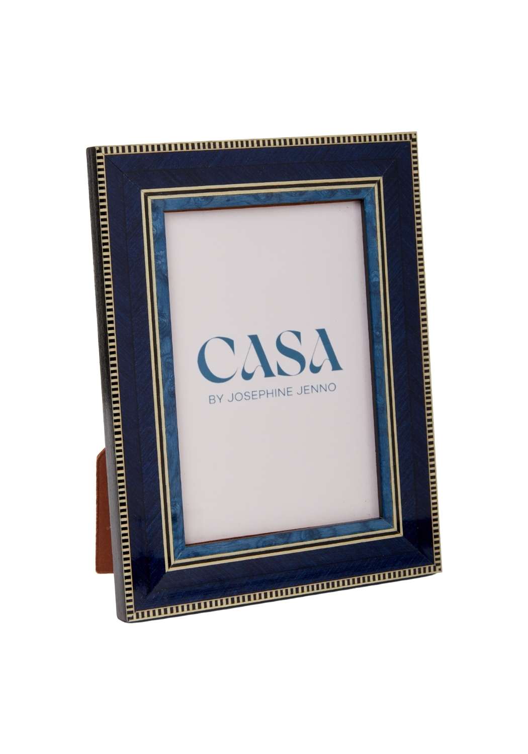 Eco marquetry photo frame in navy blue with gold trim and textured finish featuring casa by josephine jenno logo