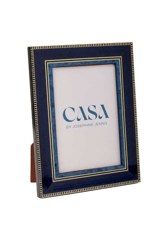 Eco marquetry photo frame in navy blue with gold trim and textured finish featuring casa by josephine jenno logo