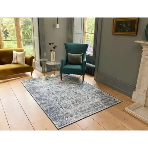 Eco-Washable Blue Rug Bordered Design - Rugs