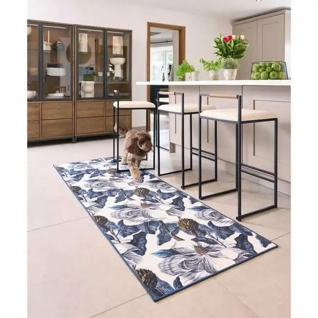 Eco-Washable Blue Rug Floral Design - Rugs