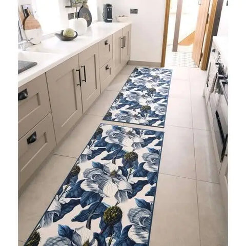Eco-Washable Blue Rug Floral Design - Rugs
