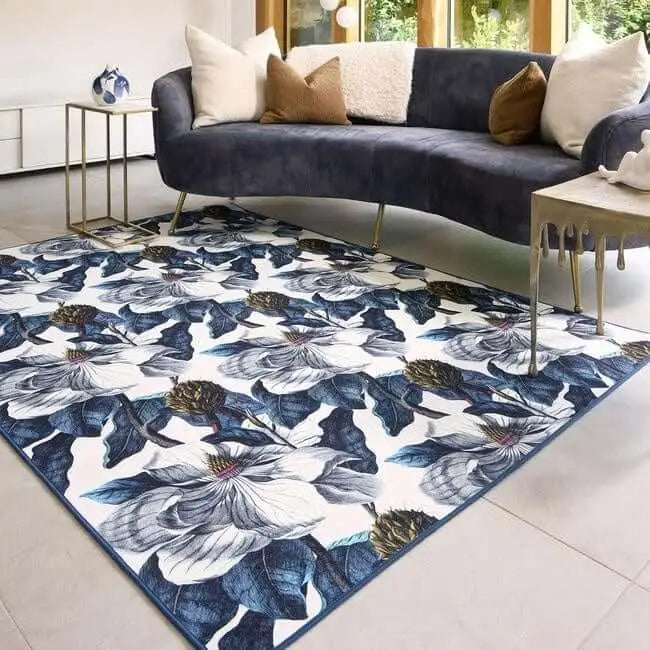 Eco-Washable Blue Rug Floral Design - Rugs