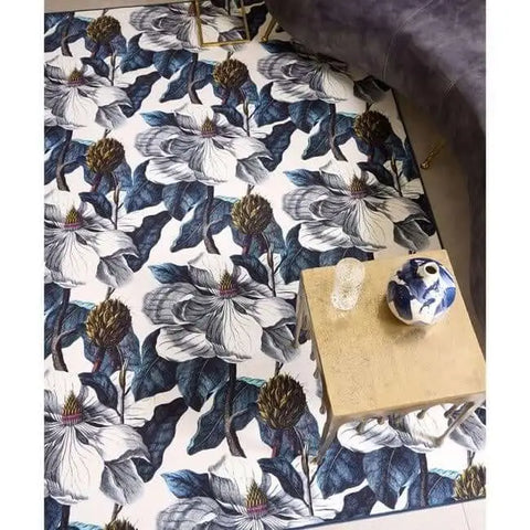 Eco-Washable Blue Rug Floral Design - Rugs