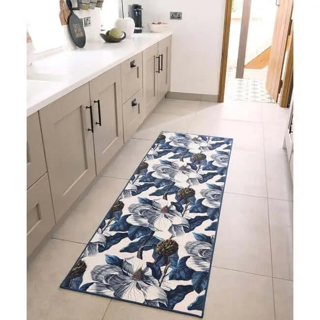 Eco-Washable Blue Rug Floral Design - Rugs