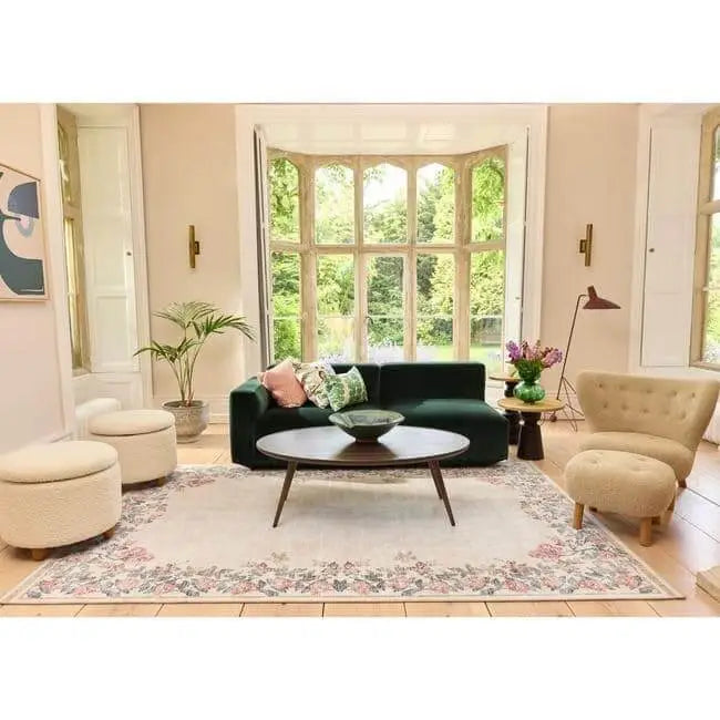 Eco-Washable Cream Rug Flower Design - Rugs